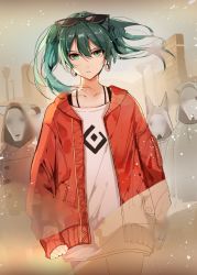 Rule 34 | 1girl, closed mouth, cowboy shot, dust, earrings, eyewear on head, green eyes, green hair, hair between eyes, hatsune miku, highres, hoop earrings, jacket, jewelry, long hair, looking at viewer, mask, naru (ul), outdoors, red jacket, shirt, sleeves past wrists, solo, spaghetti strap, standing, suna no wakusei (vocaloid), sunglasses, tsurime, twintails, vocaloid, walking, white shirt