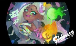 Rule 34 | 1girl, candy, cephalopod eyes, colored skin, cross, cross earrings, dark-skinned female, dark skin, dated, earrings, eye glitter, food, green eyes, grey hair, halloween, halloween costume, jewelry, letterboxed, licking lips, lollipop, long hair, looking at viewer, marina (splatoon), mole, mole under mouth, mummy costume, nintendo, octoling, open mouth, outstretched arms, paint splatter, paint splatter on face, pink pupils, sarashi, sizu, smile, solo, splatoon (series), splatoon 2, suction cups, tentacle hair, tongue, tongue out, zombie pose