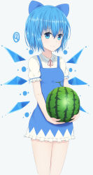 Rule 34 | circled 9, 1girl, absurdres, blue background, blue dress, blue eyes, blue hair, cirno, cowboy shot, dress, food, fruit, hair ribbon, highres, ice, ice wings, looking at viewer, matching hair/eyes, nestea, puffy sleeves, ribbon, short hair, short sleeves, smile, solo, touhou, watermelon, wings