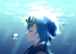Rule 34 | 1girl, blue hair, blue theme, blurry, bubble, closed eyes, closed mouth, commentary, creatures (company), game freak, goggles, goggles on head, lana (pokemon), light beam, medium hair, melon syrup, nintendo, pokemon, pokemon sm, portrait, profile, solo, trial captain, underwater