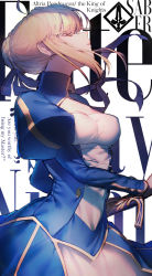 Rule 34 | 1girl, artoria pendragon (all), artoria pendragon (fate), text background, blonde hair, blue dress, braid, breasts, character name, cleavage, closed eyes, collared dress, commentary request, dress, english text, excalibur (fate/stay night), fate/stay night, fate (series), from side, hair bun, hair over eyes, holding, holding sword, holding weapon, long dress, long sleeves, mebaru, parted lips, puffy long sleeves, puffy sleeves, saber (fate), sheath, sheathed, sidelocks, simple background, single hair bun, solo, sword, weapon, white background