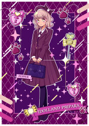 Rule 34 | 1girl, argyle, argyle background, argyle clothes, bag, beret, black footwear, black pantyhose, blue bag, border, brown hair, brown jacket, brown skirt, character name, collared shirt, commentary request, copyright name, formal, full body, hat, highres, holding, holding bag, idol land pripara, jacket, key, keyhole, lock, long sleeves, looking at viewer, mole, mole under mouth, outline, pantyhose, pleated skirt, pretty series, pripara, purple background, satowa (circuit), shirt, shoes, short hair, skirt, solo, sparkle, standing, taiyo pepper, white border, white outline, yellow eyes
