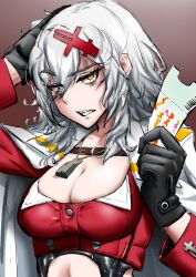 Rule 34 | 1girl, absurdres, bags under eyes, black gloves, black leotard, breasts, cleavage, clothing cutout, coat, coat on shoulders, cropped jacket, gloves, goddess of victory: nikke, gradient background, grey hair, hair between eyes, hair ornament, hairclip, hand on own head, highres, holding ticket, htg pon, jacket, jewelry, large breasts, leotard, long hair, messy hair, navel cutout, necklace, red jacket, sharp teeth, simple background, solo, teeth, ticket, upper body, white coat, yellow eyes, yulha (nikke)