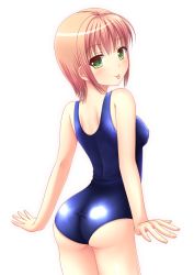 Rule 34 | 1girl, :p, arched back, ass, bare arms, bare shoulders, blush, breasts, brown hair, from behind, green eyes, ki (kk-sk-ray), looking at viewer, looking back, old school swimsuit, one-piece swimsuit, original, school swimsuit, shiny clothes, shiny skin, short hair, simple background, solo, swimsuit, tongue, tongue out, white background