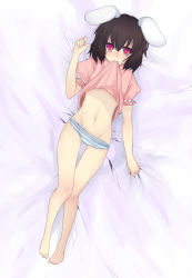 Rule 34 | 1girl, animal ears, barefoot, bed sheet, black hair, brown hair, clothes lift, female focus, from above, groin, harano, inaba tewi, lying, midriff, mouth hold, navel, panties, rabbit ears, red eyes, sheet grab, shirt lift, skirt, skirt lift, solo, striped clothes, striped panties, tears, touhou, underwear