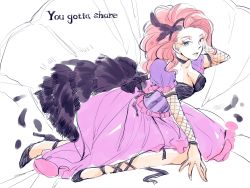 Rule 34 | 1girl, blue eyes, breasts, cleavage, collar, dress, feathers, female focus, fishnets, high heels, my little pony, my little pony: friendship is magic, personification, pink hair, pinkie pie