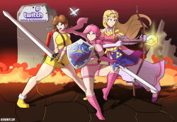 Rule 34 | 3girls, assentlov, blonde hair, blue eyes, boots, bow and arrow, breasts, brown hair, dress, earrings, elf, fairy, flower earrings, full body, gloves, headphone, jewelry, legs, long hair, looking at viewer, mario (series), master sword, midriff, multiple girls, nintendo, pink dress, pointy ears, princess daisy, princess zelda, rose (character), scarf, serious, shield, shorts, skirt, super mario land, sword, the legend of zelda, the legend of zelda: ocarina of time, tiara, tomboy, triforce, triforce earrings, twitch, weapon, wings