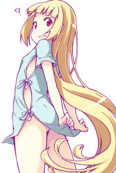 Rule 34 | 10s, 1girl, ?, alice to zouroku, ass, blonde hair, blunt bangs, from below, highres, hospital gown, kashimura sana, long hair, looking at viewer, looking back, open mouth, red eyes, side slit, simk, smile, solo, very long hair, white background, yamabuki zarame