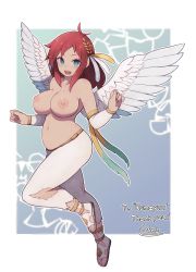 Rule 34 | 1girl, :d, angel wings, blue eyes, blush, breasts, bright pupils, commentary, commission, english commentary, english text, feathered wings, full body, lamb-oic029, large breasts, long hair, looking at viewer, navel, nipples, open mouth, original, pants, plump, red hair, sandals, skeb commission, smile, solo, thank you, topless, torn clothes, torn pants, white pants, white pupils, white wings, wings
