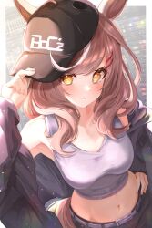 Rule 34 | 1girl, absurdres, alternate costume, animal ears, belt, blush, breasts, brown hair, collarbone, commentary request, hair ornament, hairclip, hat, highres, horse ears, horse girl, horse tail, jacket, looking at viewer, matikane tannhauser (boc&#039;z) (umamusume), matikane tannhauser (umamusume), medium breasts, medium hair, midriff, sky cappuccino, smile, tail, umamusume, wall, yellow eyes