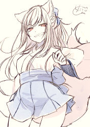 Rule 34 | 1girl, animal ear fluff, animal ears, blue bow, blue skirt, bow, breasts, brown background, chita (ketchup), fox ears, fox girl, fox tail, grin, hair bow, japanese clothes, kimono, long sleeves, looking at viewer, medium breasts, original, pleated skirt, short eyebrows, signature, simple background, sketch, skirt, smile, solo, tail, tail raised, thick eyebrows, white kimono, wide sleeves