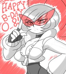 Rule 34 | 1girl, antennae, bad id, bad tumblr id, bigdead, black torch, breasts, choker, cleavage, fallout (black torch), female focus, fingerless gloves, frown, gloves, happy birthday, highres, jacket, kamina shades, large breasts, monochrome, narrow waist, red-tinted eyewear, salute, short hair, solo, tinted eyewear, very short hair