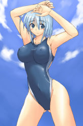 Rule 34 | armpits, arms up, blue eyes, blue hair, breasts, cloud, covered erect nipples, day, large breasts, ment, one-piece swimsuit, original, solo, swimsuit