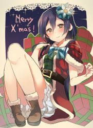 Rule 34 | 10s, 1girl, bad id, bad twitter id, belt, blush, capelet, christmas, flower, gift, hair flower, hair ornament, knees up, legs together, long hair, looking at viewer, love live!, love live! school idol festival, love live! school idol project, merry christmas, miseo (mrkglove), sitting, solo, sonoda umi, yellow eyes