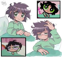 Rule 34 | 1girl, :|, artist name, asscoiris, bed sheet, black hair, bright pupils, buttercup (ppg), buttercup redraw challenge (meme), clenched hand, closed mouth, collar, commentary, cowlick, derivative work, english commentary, frilled collar, frills, frown, green eyes, green pajamas, half-closed eyes, highres, looking at viewer, meme, messy hair, multiple views, pajamas, parody, pillow, powerpuff girls, powerpuff girls z, reference inset, screenshot inset, screenshot redraw, short hair, simple background, sitting, smile, style parody, v-shaped eyebrows, watermark, white background, white pupils