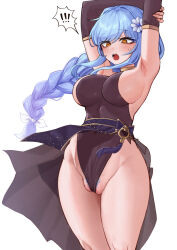 Rule 34 | !, 1girl, @ @, armpits, arms up, black leotard, blue hair, blue pubic hair, braid, breasts, colored pubic hair, covered navel, cowboy shot, detached sleeves, female pubic hair, hair ornament, highleg, highleg leotard, highres, large breasts, leotard, long hair, long sleeves, looking down, open mouth, partially visible vulva, pubic hair, pubic hair peek, sideboob, simple background, single braid, solo, speech bubble, spoken exclamation mark, stretching, suitshark, sweatdrop, very long hair, wedgie, white background, yellow eyes