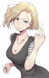 Rule 34 | 1girl, android 18, blonde hair, blue eyes, breasts, cleavage, come hither, dragon ball, dragon ball z, dragonball z, earrings, ina (gokihoihoi), jewelry, long hair, looking at viewer, medium breasts, necklace, short hair, grey eyes, simple background, solo, upper body, white background