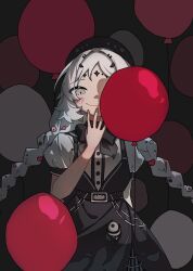 Rule 34 | 1girl, balloon, balloon party, black background, black bow, black bowtie, black skirt, blush, bow, bowtie, braid, closed mouth, covering one eye, facial mark, forehead mark, grey eyes, hand to own mouth, hand up, highres, ling (ling00726), long hair, looking at viewer, low twin braids, overall skirt, puffy short sleeves, puffy sleeves, reverse:1999, shirt, short sleeves, skirt, smile, solo, sparkle facial mark, too many balloons, twin braids, upper body, white hair, white shirt