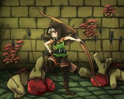 Rule 34 | 1girl, arrow (projectile), boots, bow (weapon), braid, brown eyes, cloak, defeat, dragon&#039;s crown, elf, elf (dragon&#039;s crown), hood, monster, mushroom, pointy ears, shorts, solo, thigh boots, thighhighs, twin braids, weapon