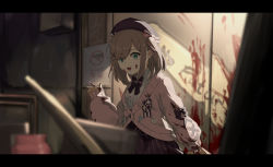 Rule 34 | 0shino, 1girl, :3, :d, beret, blood, blood on clothes, blood on face, blood splatter, blood stain, bloody handprints, blurry, bow, brooch, brown hair, cardigan, center frills, collared shirt, dragging, english text, eyes visible through hair, film grain, frills, green eyes, hair ornament, handprint, hat, hat pin, highres, indoors, jewelry, letterboxed, medium hair, nijisanji, open mouth, pale skin, pink cardigan, pink sweater, shirt, sign, skirt, sleeves past wrists, smile, solo focus, striped bow, striped clothes, striped skirt, suzuhara lulu, sweater, vertical-striped clothes, vertical-striped skirt, virtual youtuber, warning sign, wide-eyed, x hair ornament