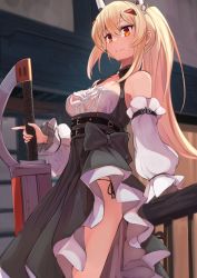 Rule 34 | 1girl, arm support, ayanami (azur lane), ayanami (nightfall raiment) (azur lane), azur lane, black dress, blonde hair, bow, breasts, closed mouth, commentary, dress, dress bow, feet out of frame, highres, holding, holding sword, holding weapon, long hair, looking away, marshall k, mechanical ears, medium breasts, official alternate costume, orange eyes, ponytail, sidelocks, smile, solo, standing, sword, two-tone dress, weapon, wide sleeves