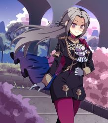 Rule 34 | 1girl, alternate breast size, arch, artist name, ascot, bisexual, bisexual female, bisexual flag, bush, cape, closed mouth, commentary, edelgard von hresvelg, eine (eine dx), english commentary, epaulettes, fire emblem, fire emblem: three houses, garreg mach monastery uniform, gloves, hair ornament, hair ribbon, highres, long hair, long sleeves, nintendo, outdoors, pantyhose, purple eyes, red pantyhose, ribbon, smile, solo, uniform, white gloves, white hair