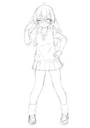 Rule 34 | 1girl, ahoge, amemiya sekira, blush, breasts, collared shirt, commentary, dress shirt, english commentary, full body, glasses, greyscale, hair ornament, hairclip, hand on own hip, hand up, highres, loafers, long hair, loose socks, monochrome, one eye closed, original, parted lips, pleated skirt, sekira ame, shirt, shoes, short sleeves, simple background, skirt, small breasts, socks, solo, sweat, sweater vest, v, white background