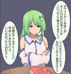 Rule 34 | 1girl, blue eyes, breasts, commentary request, crossed arms, detached sleeves, frog hair ornament, frown, green hair, hair ornament, hair tubes, highres, kochiya sanae, large breasts, solo, suwaneko, table, thought bubble, touhou, translation request, upper body, white day