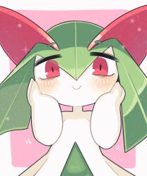 Rule 34 | bags under eyes, blush, colored skin, creatures (company), game freak, gen 3 pokemon, green hair, hands on own cheeks, hands on own face, highres, horns, ino (tellu0120), kirlia, looking at viewer, multicolored skin, nintendo, pink background, pink eyes, pokemon, pokemon (creature), sidelocks, simple background, smile, square, two-tone skin, white skin
