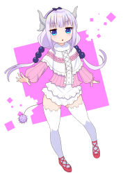 Rule 34 | 10s, 1girl, absurdres, beads, black bow, black hairband, blouse, blue eyes, blunt bangs, blush, bow, buttons, capelet, center frills, chestnut mouth, cross-laced clothes, cross-laced footwear, dragon girl, dragon horns, dress, frilled capelet, frills, full body, gothic lolita, gradient hair, hair beads, hair bow, hair ornament, hairband, highres, horns, kanna kamui, kobayashi-san chi no maidragon, legs apart, light purple hair, lolita fashion, long hair, long sleeves, low twintails, microdress, multicolored hair, open mouth, pink footwear, purple hair, shirt, shoes, solo, standing, tail, tem+, templus, thighhighs, twintails, white hair, white thighhighs, zettai ryouiki
