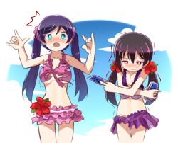 Rule 34 | 10s, 2girls, ^^^, alternate hairstyle, bikini, bikini skirt, black hair, blush, breast envy, cloud, cloudy sky, cosplay, costume switch, covering breasts, covering privates, day, double m/, flower, green eyes, hair flower, hair ornament, hairstyle switch, long hair, love live!, love live! school idol festival, love live! school idol project, low twintails, m/, multiple girls, open mouth, oversized clothes, purple hair, red eyes, ribbon, scrunchie, shipii (jigglypuff), sky, swimsuit, tarot, tearing clothes, tojo nozomi (cosplay), torn clothes, tojo nozomi, trembling, twintails, undersized clothes, wavy mouth, yazawa nico, yazawa nico (cosplay)