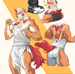 Rule 34 | 1boy, ?, abs, animal ears, apron, arknights, ass, bara, bare arms, bare pectorals, bare shoulders, black shirt, brown fur, bulge, chest hair, clothes pull, collage, cropped legs, doctor (arknights), dog boy, dog ears, dog tail, feet out of frame, furry, furry male, highres, horns, hung (arknights), large pectorals, male focus, medium hair, multicolored hair, multiple views, muscular, naked apron, navel, nipples, orange eyes, orange hair, pectorals, shirt, shirt pull, simple background, single horn, sleeveless, sleeveless shirt, streaked hair, tagme, tail, tank top, tengo (maotengo), thick thighs, thighs, two-tone fur, white fur, white hair, white tank top