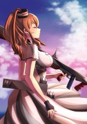 Rule 34 | 1girl, bad id, bad pixiv id, breast pocket, breasts, brown hair, dress, closed eyes, flight deck, gun, holding, holding gun, holding weapon, itsuwa (continue), kantai collection, large breasts, outdoors, pocket, ponytail, rigging, saratoga (kancolle), saratoga mk ii (kancolle), side ponytail, sky, smokestack hair ornament, solo, submachine gun, thompson submachine gun, turret, weapon, white dress