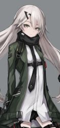 Rule 34 | 1girl, akira (aristole), armband, arms behind back, bag, bands, belt, black necktie, black scarf, blush, buckle, closed mouth, expressionless, floating hair, girls&#039; frontline, green jacket, hair between eyes, hair ornament, hairclip, holster, jacket, long hair, long sleeves, looking at viewer, mg4 (girls&#039; frontline), necktie, red necktie, scarf, shirt, sidelocks, silver hair, solo, standing, strap, thigh holster, thigh strap, thighs, twintails, very long hair, weapon bag, white shirt, yellow eyes