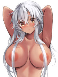 Rule 34 | 1girl, absurdres, areola slip, armpits, arms behind head, arms up, blush, breasts, brown eyes, commentary request, convenient censoring, dark-skinned female, dark skin, grey hair, hair between eyes, hair censor, hair down, highres, huge breasts, kantai collection, large areolae, long hair, looking at viewer, mashiro yukiya, musashi (kancolle), musashi kai ni (kancolle), nude, simple background, solo, upper body, very long hair, white background