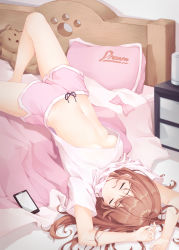 Rule 34 | 1girl, absurdres, bad id, bad twitter id, bed, belly, breasts, brown hair, cellphone, closed eyes, highres, long hair, mame (hyeon5117), navel, original, phone, pillow, pink shorts, shirt, short sleeves, shorts, sleeping, smartphone, solo, stuffed animal, stuffed toy, teddy bear, underboob, white shirt