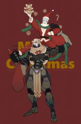 Rule 34 | 2boys, 47 lall, alternate costume, animal hood, antlers, carrying, carrying person, christmas, crossed arms, deer hood, extra arms, fake beard, fake facial hair, full body, hat, highres, holding, holding sack, holding stuffed toy, hood, horns, humanoid robot, loincloth, male focus, multiple boys, overwatch, overwatch 2, ramattra (overwatch), red background, red bag, robot, sack, santa costume, santa hat, simple background, sitting on shoulder, size difference, standing, stuffed animal, stuffed toy, teddy bear, white beard, zenyatta (overwatch)