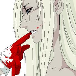 Rule 34 | 1girl, biting, blood, blood on clothes, blood on face, female focus, from side, glasses, gloves, hellsing, integra hellsing, long hair, lowres, oekaki, portrait, solid&amp;etc, solo, tan, white background