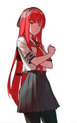 Rule 34 | 1girl, absurdres, crossed arms, dress, frown, hair ribbon, hairband, highres, long hair, looking to the side, mole, mole under eye, pantyhose, pleated skirt, punishing: gray raven, red eyes, ribbon, sailor dress, school uniform, skirt, solo, thighhighs, upper body, vera: rozen (punishing: gray raven), vera (punishing: gray raven), vladislav ton, white background