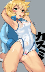 Rule 34 | 1girl, absurdres, arm behind head, armpits, blue eyes, blush, breasts, cameltoe, cleft of venus, covered erect nipples, covered navel, creatures (company), dated, game freak, grey background, gym leader, highres, imazon, jacket, kneeling, looking at viewer, misty (pokemon), nintendo, nipples, one-piece swimsuit, orange hair, parted lips, perky breasts, pokemon, pokemon hgss, puffy nipples, pussy, see-through, small breasts, solo, swimsuit, tongue, tongue out, unworn jacket, wet, wet clothes, white one-piece swimsuit