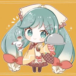 Rule 34 | 1girl, absurdres, animal, aobahosino, apron, blush, bow, brown bow, brown kimono, checkered clothes, checkered kimono, chibi, food, fork hair ornament, frilled apron, frills, green eyes, green hair, hair between eyes, hair bow, hair ornament, hatsune miku, highres, holding, holding ladle, holding plate, japanese clothes, kimono, ladle, long hair, long sleeves, looking at viewer, multicolored clothes, multicolored kimono, orange kimono, plate, rabbit, red bow, smile, solo, spoon hair ornament, striped clothes, striped kimono, twintails, very long hair, vocaloid, white apron, white bow, wide sleeves, yuki miku, yuki miku (2024)