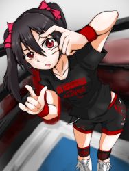 Rule 34 | black hair, black shirt, black shorts, bow, collarbone, cosplay, crossover, hair bow, hand gesture, highres, imitating, knee pads, logo, los ingobernables de japon, love live!, love live! school idol project, naitou tetsuya, new japan pro wrestling, red eyes, shirt, shorts, solo, twintails, user whrj2724, wrestling, wrestling boots, wrestling outfit, wrestling ring, wristband, yazawa nico