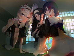 Rule 34 | 3girls, all fours, back, bent over, black eyes, black hair, black serafuku, black socks, breast curtains, breasts, cleavage, curvy, from behind, green eyes, grey hair, hair between eyes, hair ornament, hanging breasts, headdress, headwear request, highres, impossible clothes, indoors, jewelry, kneeling, large breasts, lips, long hair, looking at viewer, looking back, multiple girls, naughty face, neck ring, non-web source, open mouth, original, parted lips, pink lips, pleated skirt, pregnancy test, q (ed69), red eyes, revealing clothes, sagging breasts, sailor collar, school uniform, serafuku, shiny skin, short hair, skirt, smile, socks, thighs, uniform