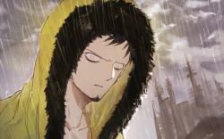 Rule 34 | 1boy, 1yoichi1, black hair, facial hair, hood, hood up, jacket, looking at viewer, male focus, official alternate costume, one piece, one piece: stampede, outdoors, rain, solo, trafalgar law, yellow jacket