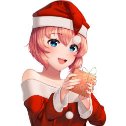 Rule 34 | 1girl, :d, artist name, bare shoulders, blue eyes, box, christmas, commentary, doki doki literature club, english commentary, gift, gift box, hair between eyes, hat, highres, incoming gift, long sleeves, looking at viewer, off shoulder, open mouth, pink hair, pom pom (clothes), santa costume, santa hat, sasoura, sayori (doki doki literature club), short hair, simple background, smile, solo, star (symbol), star print, upper body, white background