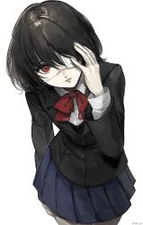 Rule 34 | 1girl, :|, another, bad id, bad pixiv id, black hair, closed mouth, eyepatch, hand over face, highres, kuroge (kewagyuu), long sleeves, looking at viewer, misaki mei, pale skin, red eyes, school uniform, short hair, simple background, skirt, solo, white background