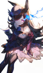 Rule 34 | 1girl, absurdres, black hair, black thighhighs, blue dress, blue flower, blue hat, blue rose, bow, commentary, dagger, dress, dress bow, feet out of frame, flower, from above, fur collar, hair over one eye, hat, hat flower, highres, horse girl, knife, long hair, looking at viewer, looking up, off-shoulder dress, off shoulder, purple eyes, rice shower (umamusume), rose, scabbard, sheath, sheathed, short dress, simple background, smile, solo, thighhighs, tilted headwear, umamusume, weapon, white background, yu hydra
