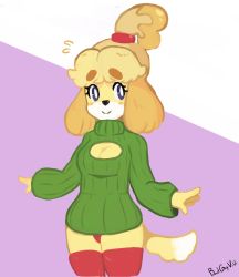 Rule 34 | 1girl, animal crossing, artist name, badguyvivi, blonde hair, blue eyes, blush, blush stickers, breasts, cleavage, dog tail, female focus, flying sweatdrops, furry, furry female, green sweater, hair tie, hands up, highres, isabelle (animal crossing), long sleeves, looking away, looking to the side, medium breasts, meme attire, nintendo, open-chest sweater, panties, purple background, red panties, red thighhighs, ribbed sweater, short hair, signature, simple background, smile, solo, standing, sweater, tail, text focus, thighhighs, turtleneck, turtleneck sweater, two-tone background, underwear, white background