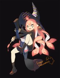 Rule 34 | + +, 1girl, 4th, alternate hairstyle, aqua eyes, artist name, bad id, bad pixiv id, bike shorts, black background, black footwear, black shorts, black socks, english text, fangs, full body, halloween, happy halloween, hat, highres, holding, inkbrush (splatoon), inkling, inkling girl, inkling player character, long hair, long sleeves, looking at viewer, nintendo, pink hair, pointy ears, shoes, shorts, signature, simple background, single vertical stripe, sitting, socks, solo, splatoon (series), splatoon 1, tentacle hair, witch hat