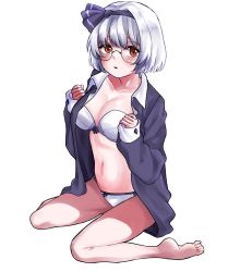Rule 34 | 1girl, :o, adapted costume, bad id, bad pixiv id, bare legs, barefoot, black hairband, black pajamas, black ribbon, blouse, blush, bob cut, bra, breasts, cleavage, collarbone, commentary request, commission, eyelashes, glasses, hair ribbon, hairband, konpaku youmu, medium breasts, midriff, navel, no pants, open clothes, open shirt, pajamas, panties, red-framed eyewear, red eyes, ribbon, ribbon bra, ribbon panties, round eyewear, shirt, short hair, silver hair, soles, stomach, taeminhyeon, toes, touhou, unbuttoned, underwear, white bra, white panties
